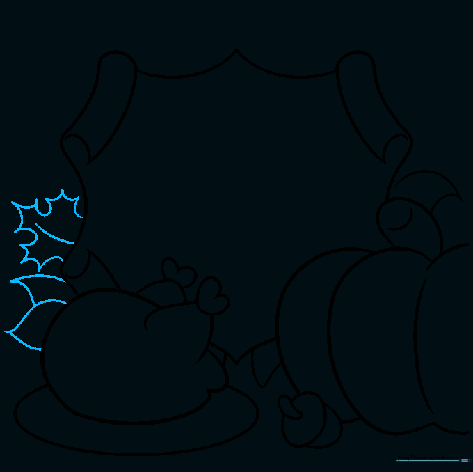 Drawing fall oak leaves with veins around the turkey
