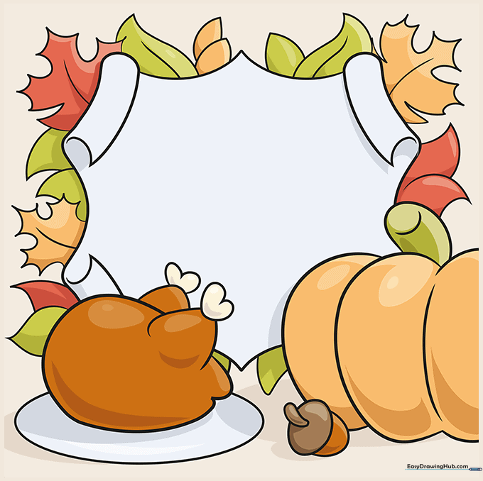 Adding vibrant fall colors to the finished Thanksgiving card drawing