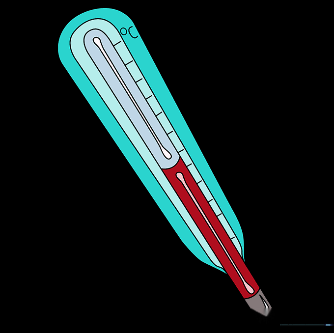 Final colored thermometer drawing with red liquid and clear glass shading.