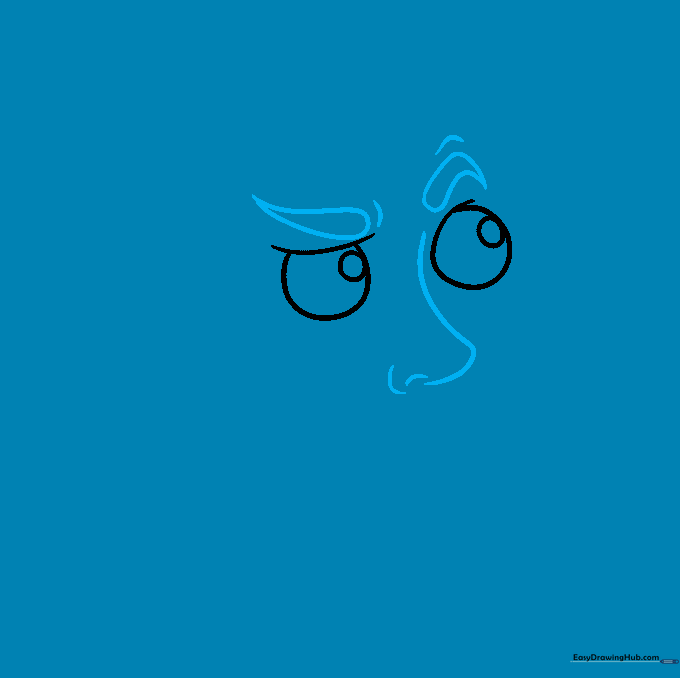 Detailed sketch showing the addition of expressive eyebrows and a simple nose structure.