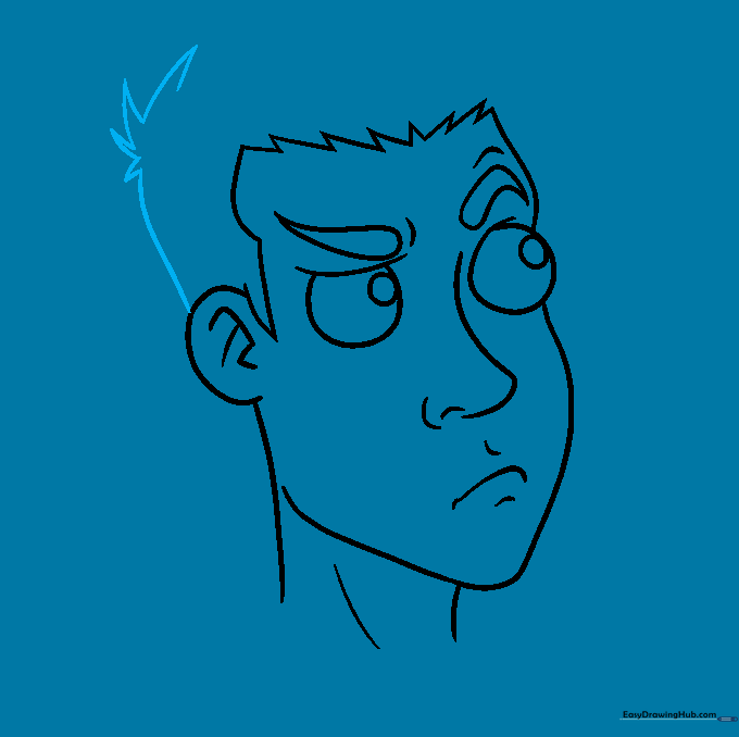 Sketching the back of the head with textured, spiky hair lines.