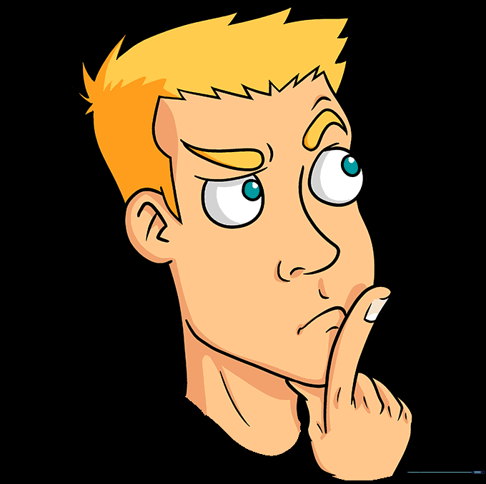 A fully colored, finished cartoon of a person in a thinking pose.