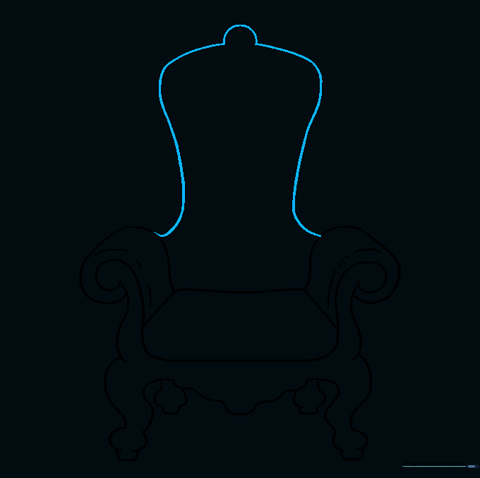 Outlining the tall, curved backrest of the throne with a decorative top.