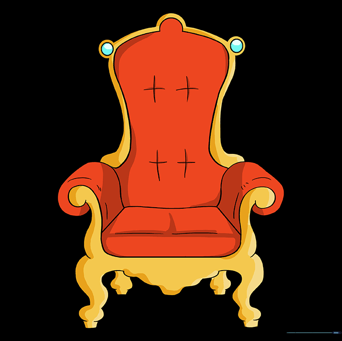 A fully colored, regal throne with gold frame and red cushions.