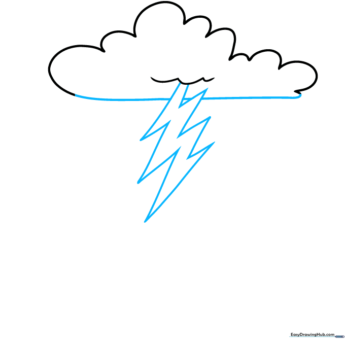 A jagged lightning bolt drawn extending from the bottom of the cloud.