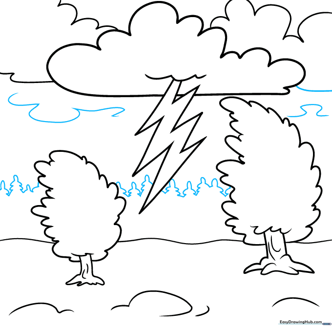 Adding small, distant trees and atmospheric lines to the background.