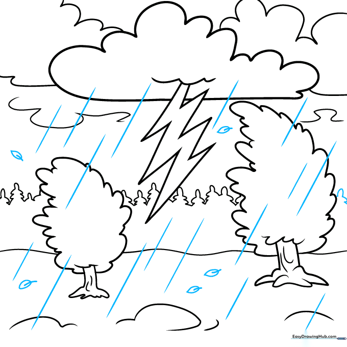Adding vertical rain lines and falling leaf shapes to the scene.