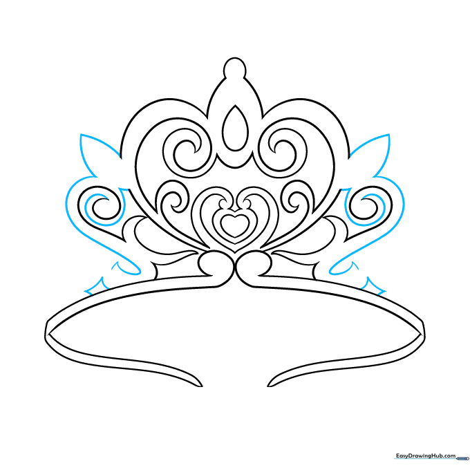 Adding leaf-shaped decorative elements around the spiral designs of the tiara.