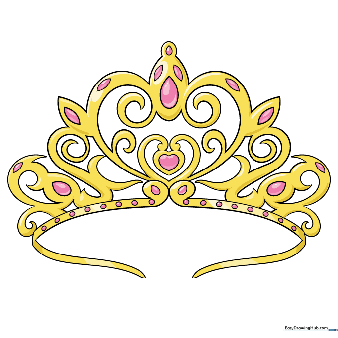 The completed tiara drawing with vibrant colors and gemstone highlights.