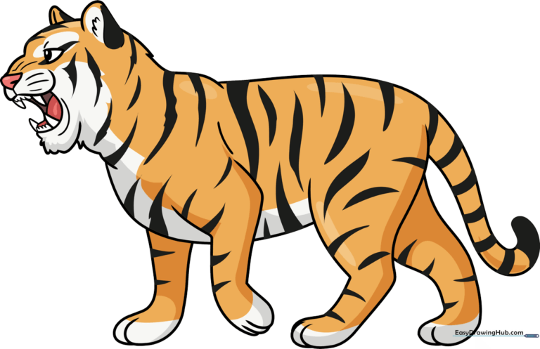 A vibrant, finished drawing of a roaring tiger, showcasing the final result of the tutorial.