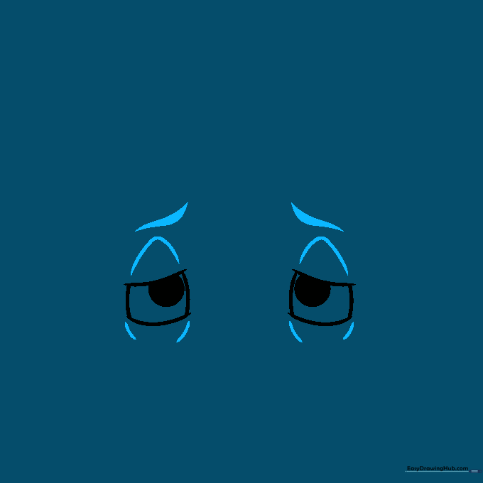 Drawing of eyes with added eyelids and thick, downturned eyebrows indicating fatigue.