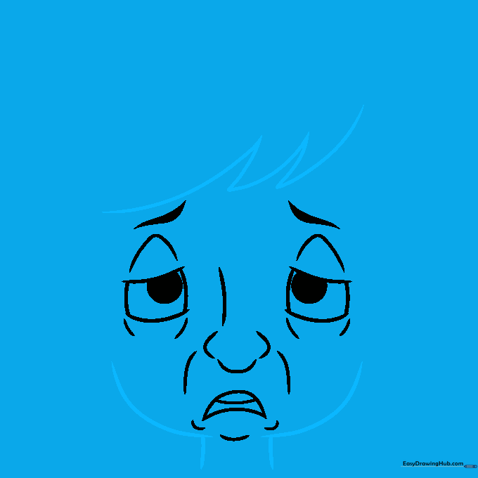 Drawing of a character's hairline with jagged bangs and the outline of the neck and cheeks.