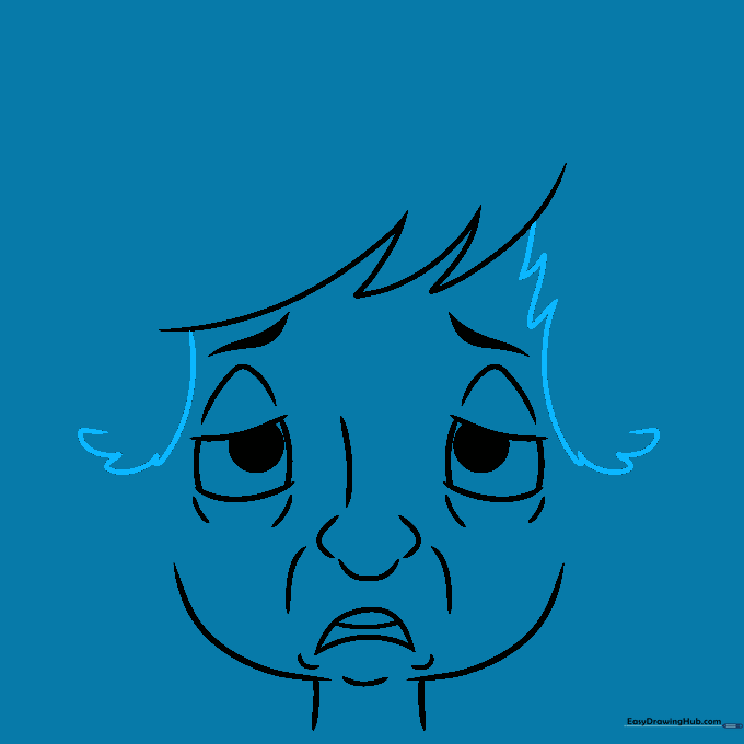 Drawing of the side hair sections added to frame the character's face.