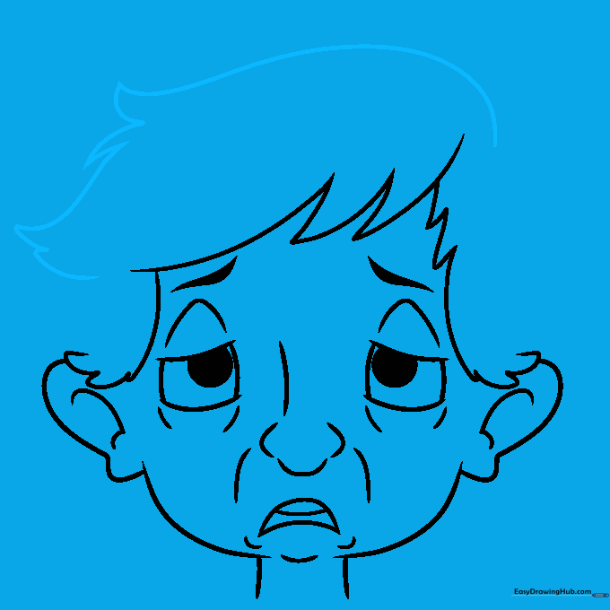 Drawing of the top hair section completed with jagged, messy lines.
