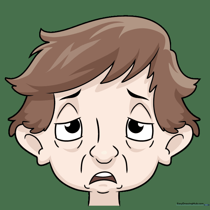 Fully colored cartoon drawing of a tired man with messy hair and a weary expression.