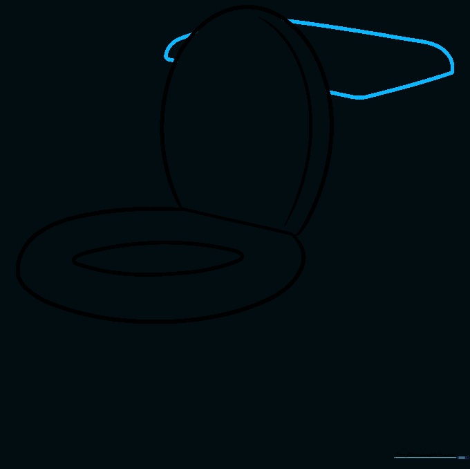 Sketching the rectangular lid of the toilet tank behind the seat.