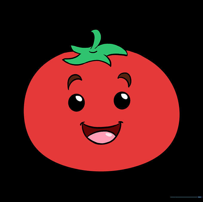 A fully colored, vibrant cartoon tomato character.