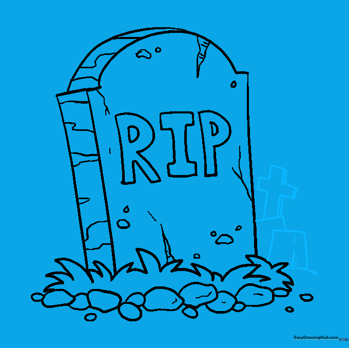 Drawing additional smaller tombstones and a cross in the background to complete the scene.