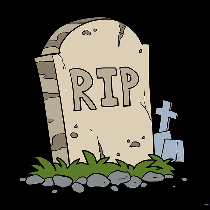 The final colored tombstone drawing with grey stone tones and green grass.