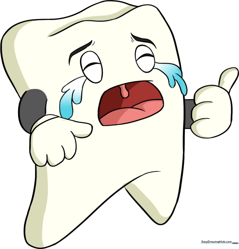 A colorful, finished cartoon tooth character with a sad expression.