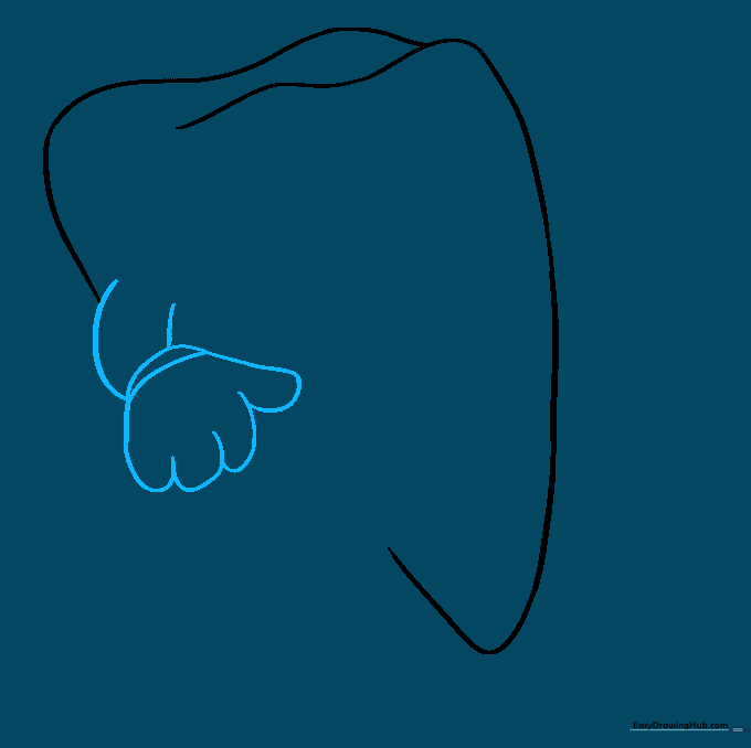 Sketch showing a cartoon arm and gloved hand attached to the side of the tooth.