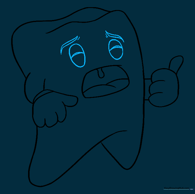 Sketch showing sad, closed eyes and eyebrows on the cartoon tooth.
