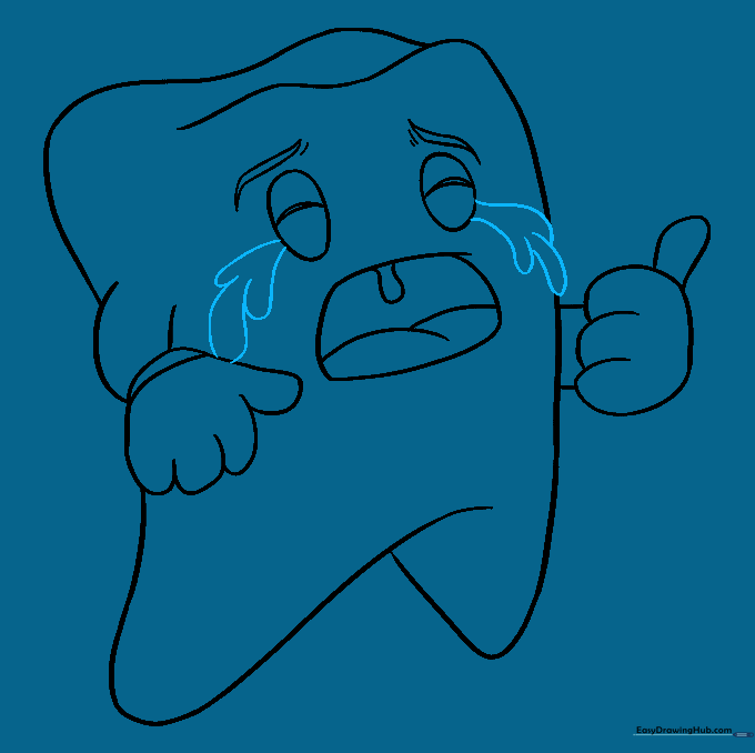 Sketch showing teardrops falling from the eyes of the cartoon tooth.