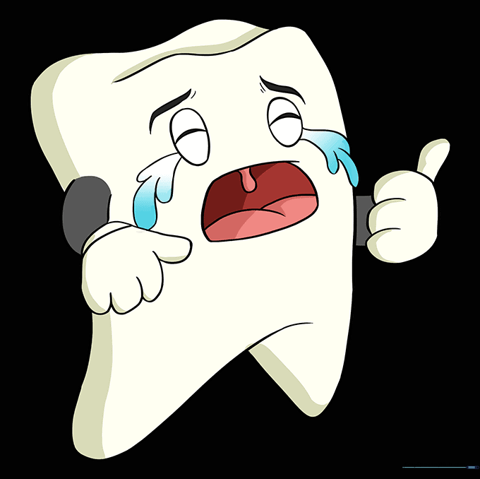 Final colored illustration of the sad cartoon tooth character.