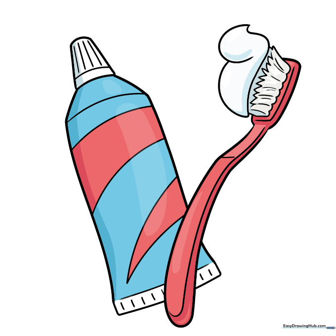 A finished, colored drawing of a toothbrush and a tube of toothpaste.