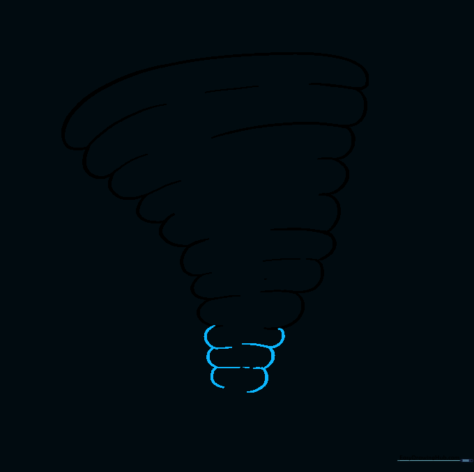 Drawing the lower section of the tornado where the U-shaped lines begin to converge.