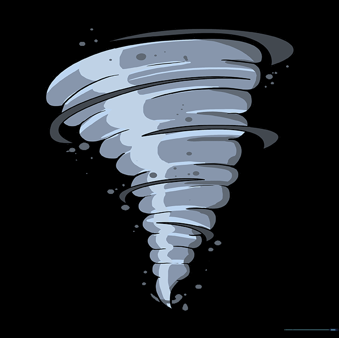 A finished, colored tornado drawing with grey tones and swirling wind details.