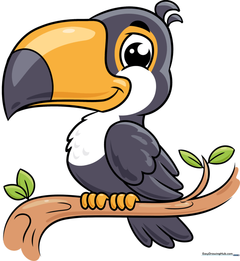 A vibrant, finished cartoon toucan drawing perched on a branch, perfect for kids to emulate.