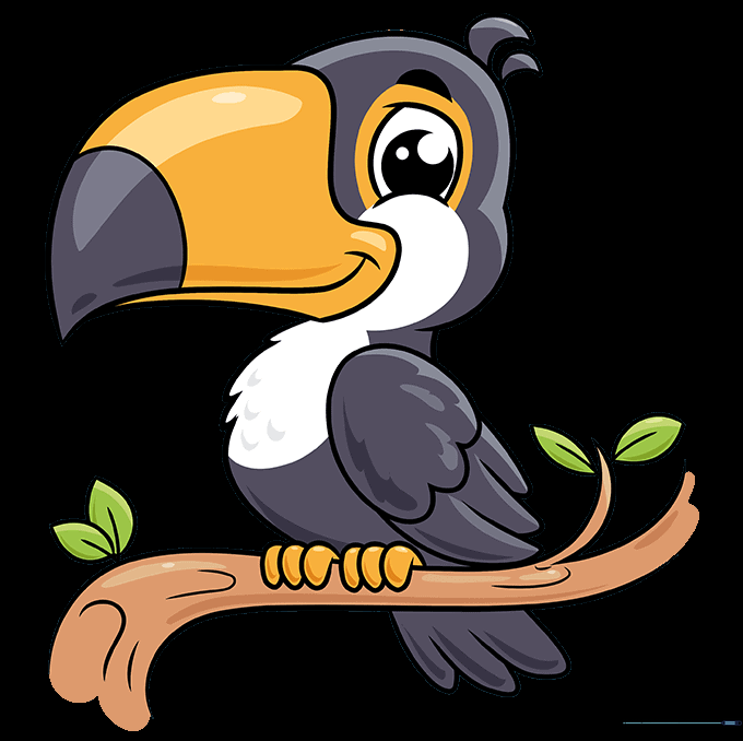 Fully colored cartoon toucan illustration with vibrant beak colors and lush green leaves.