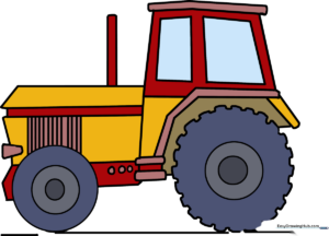 A colorful, finished tractor illustration set against a simple farm background.