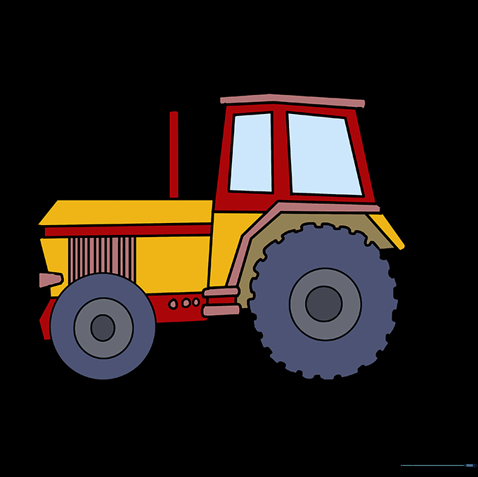 A fully colored tractor drawing with red body and black tires.