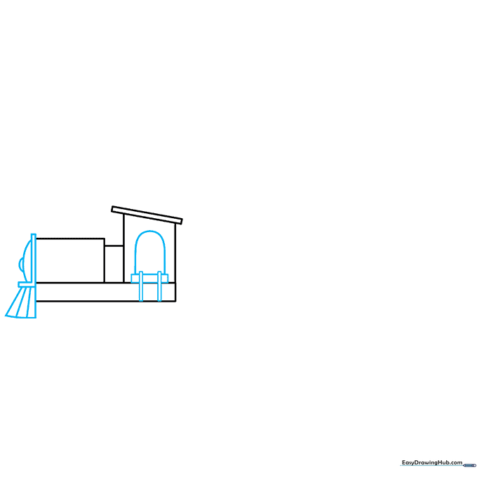 Drawing the front cowcatcher and pilot section of the train engine.