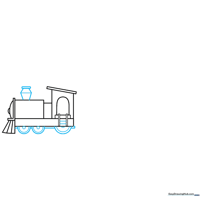Adding the smokestack and three engine wheels to the train drawing.