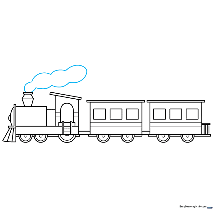 Drawing a cloud of steam coming out of the train smokestack.