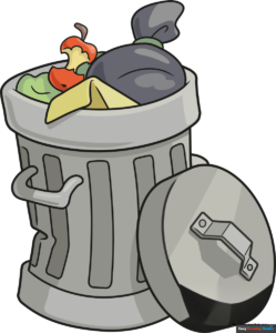 A colorful, finished cartoon trash can drawing.