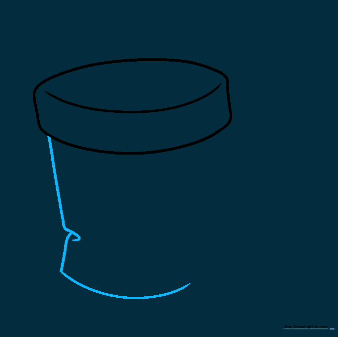 Drawing the rounded bottom and side contours of the trash can.