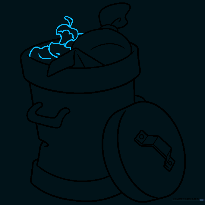 Drawing small details like an apple core to add character to the trash.