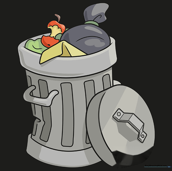 The final colored trash can drawing with grey tones and shading.