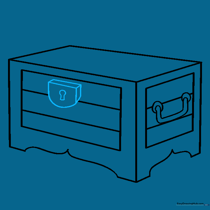 Sketching a 3D lock on the front of the treasure chest