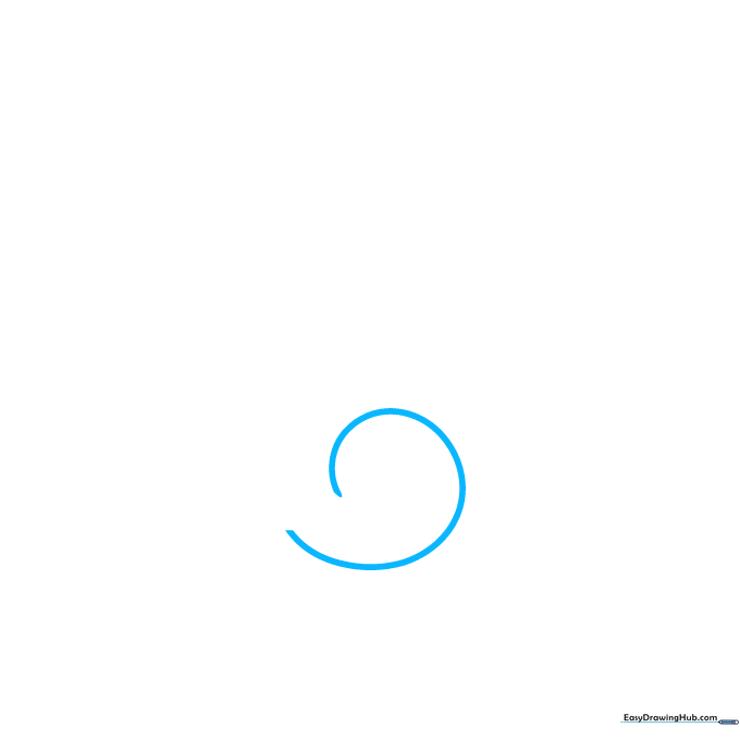 A small, hand-drawn spiral centered on a white background, serving as the starting point for a treble clef.