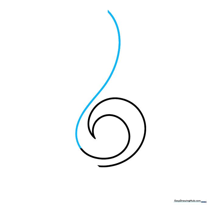 The treble clef drawing showing an upward arching line extending from the top of the spiral.
