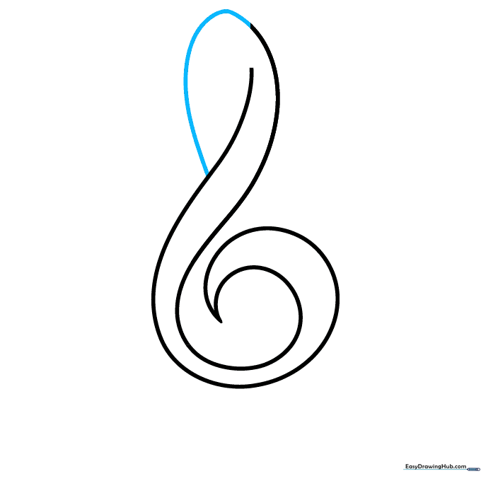 The top loop of the treble clef being closed, forming the distinct top section of the musical symbol.