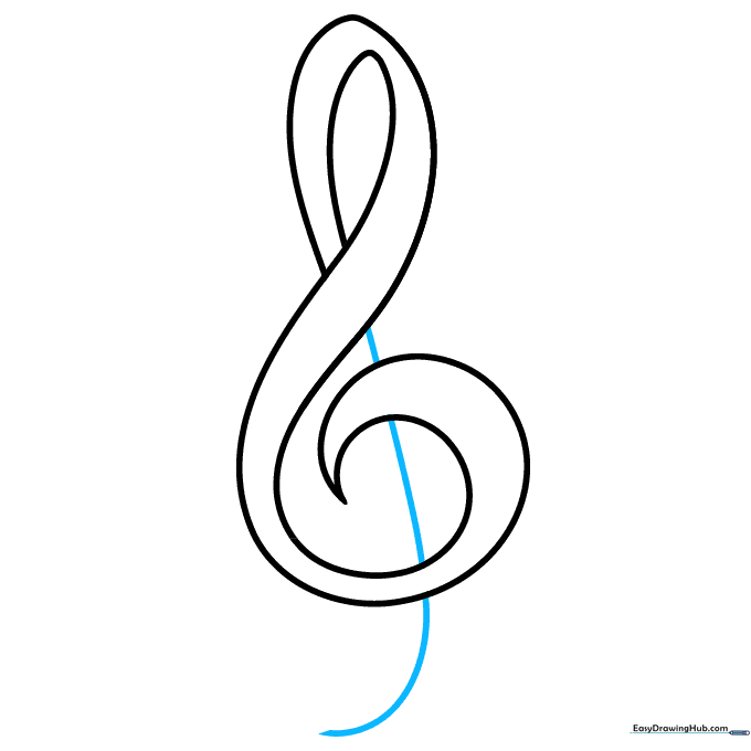 The long, vertical stem of the treble clef being drawn behind the central spiral structure.