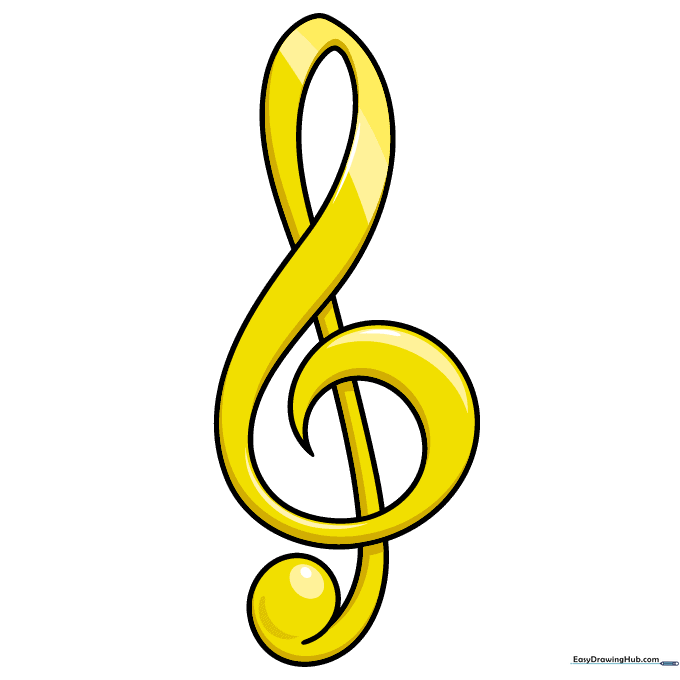 A finished, colored treble clef drawing, showcasing clean lines and a vibrant gold fill.