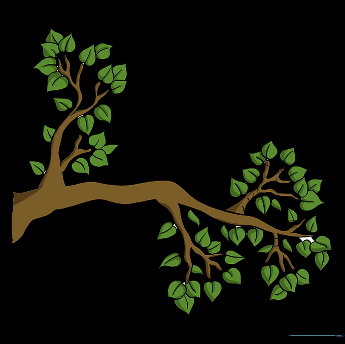 A fully colored tree branch drawing with brown bark and green leaves.