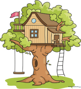 A colorful, inviting cartoon tree house nestled in a large oak tree, perfect for kids to draw.